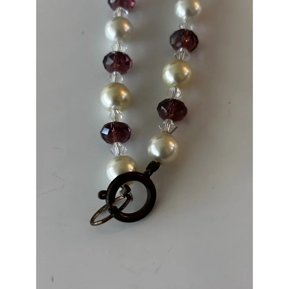 Y2K Vintage Beaded Necklace Womens Cream Purple Pearl Crystal‎ Style Classic